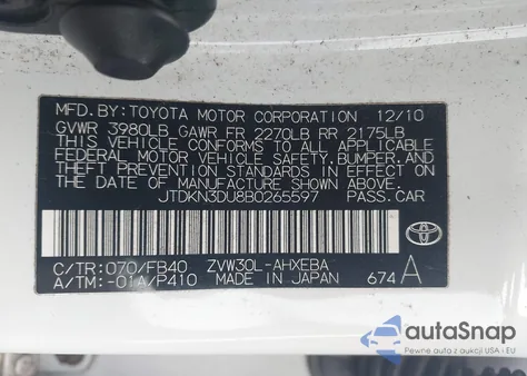 2011 Toyota Prius Two from USA, damaged, VIN JTDKN3DU8B0265597